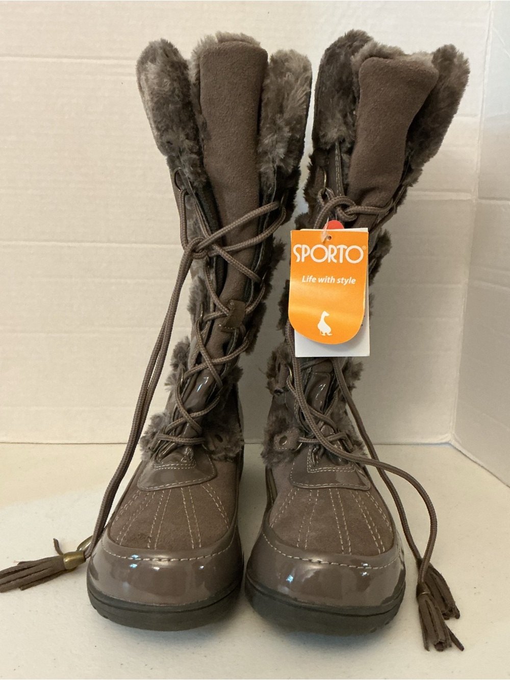 Sporto Women’s 9W Tall Faux Fur Lace Up Winter Boots Brown NWT